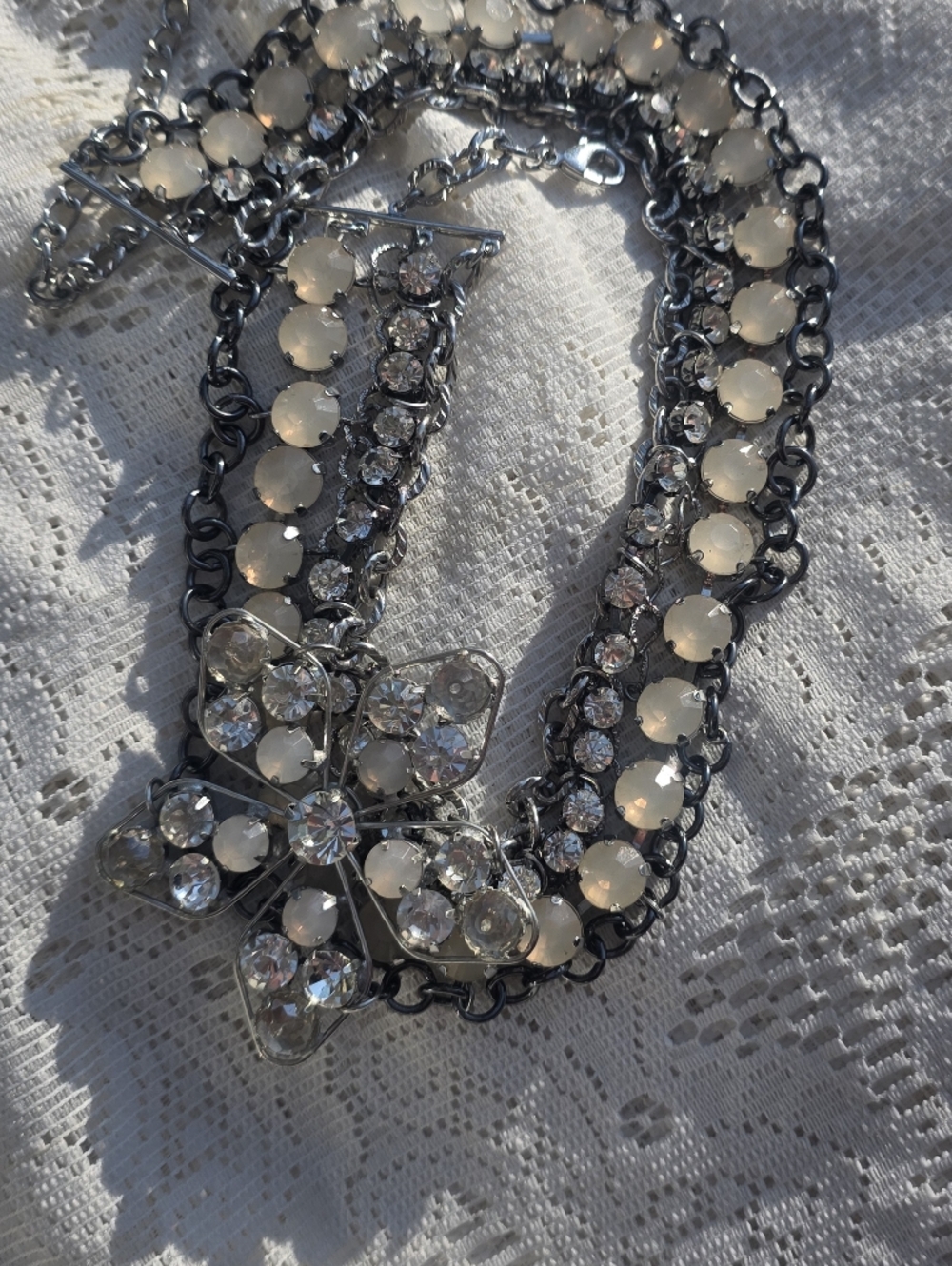 Vintage Chico's Silver-Tone White Crystal Multi-Strand Necklace Huge Statement